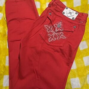 Red Embroidered Pocket Jeans